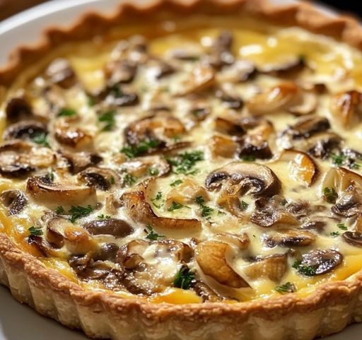 Quiche thon-champignons crémeuse dorée et savoureuse.