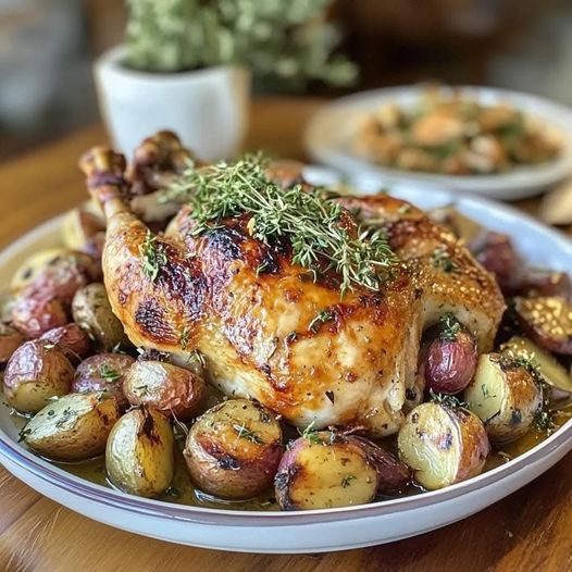 Poulet rôti aux pommes de terre dorées avec thym et ail.