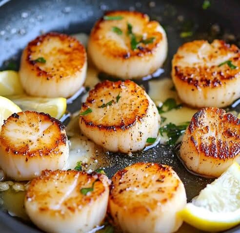 Coquilles Saint-Jacques dorées à la perfection avec basilic et citron.