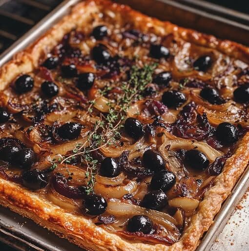 Pissaladière dorée avec oignons confits, anchois et olives noires.