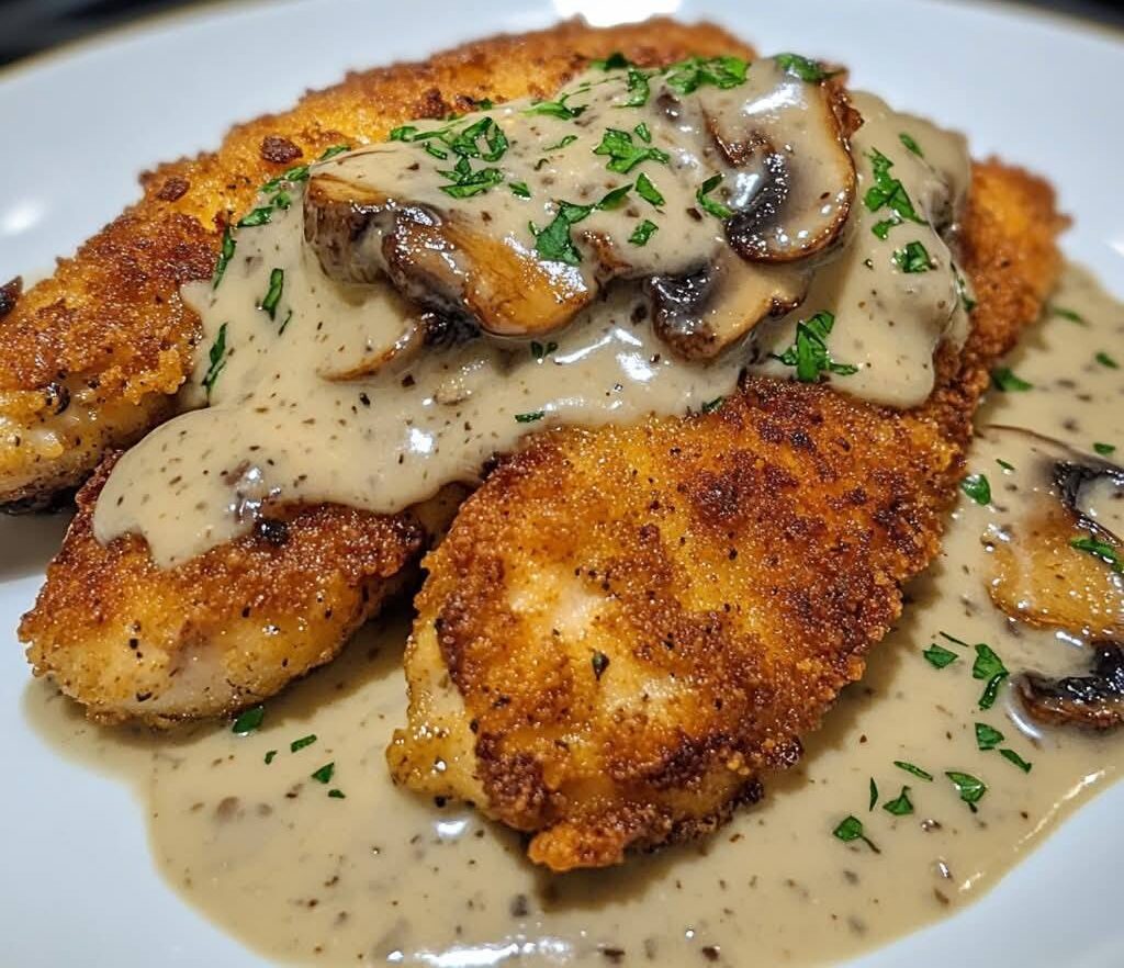 Poulet croustillant doré avec une sauce crémeuse aux champignons et parmesan dans une assiette élégante