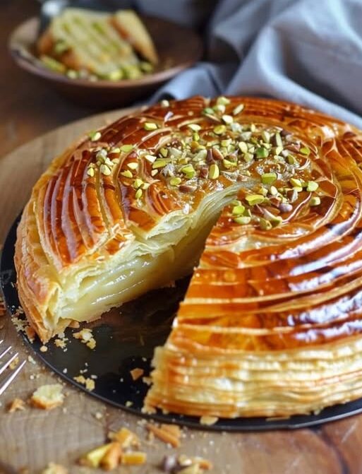 Galette des Rois dorée garnie de crème de pistache et décorée pour l'Épiphanie