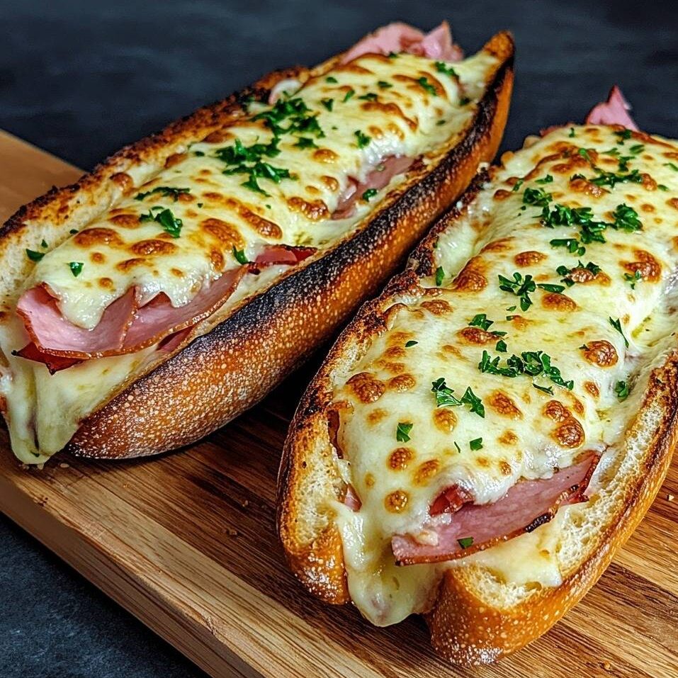 Baguettes gratinées garnies de jambon et fromage fondant