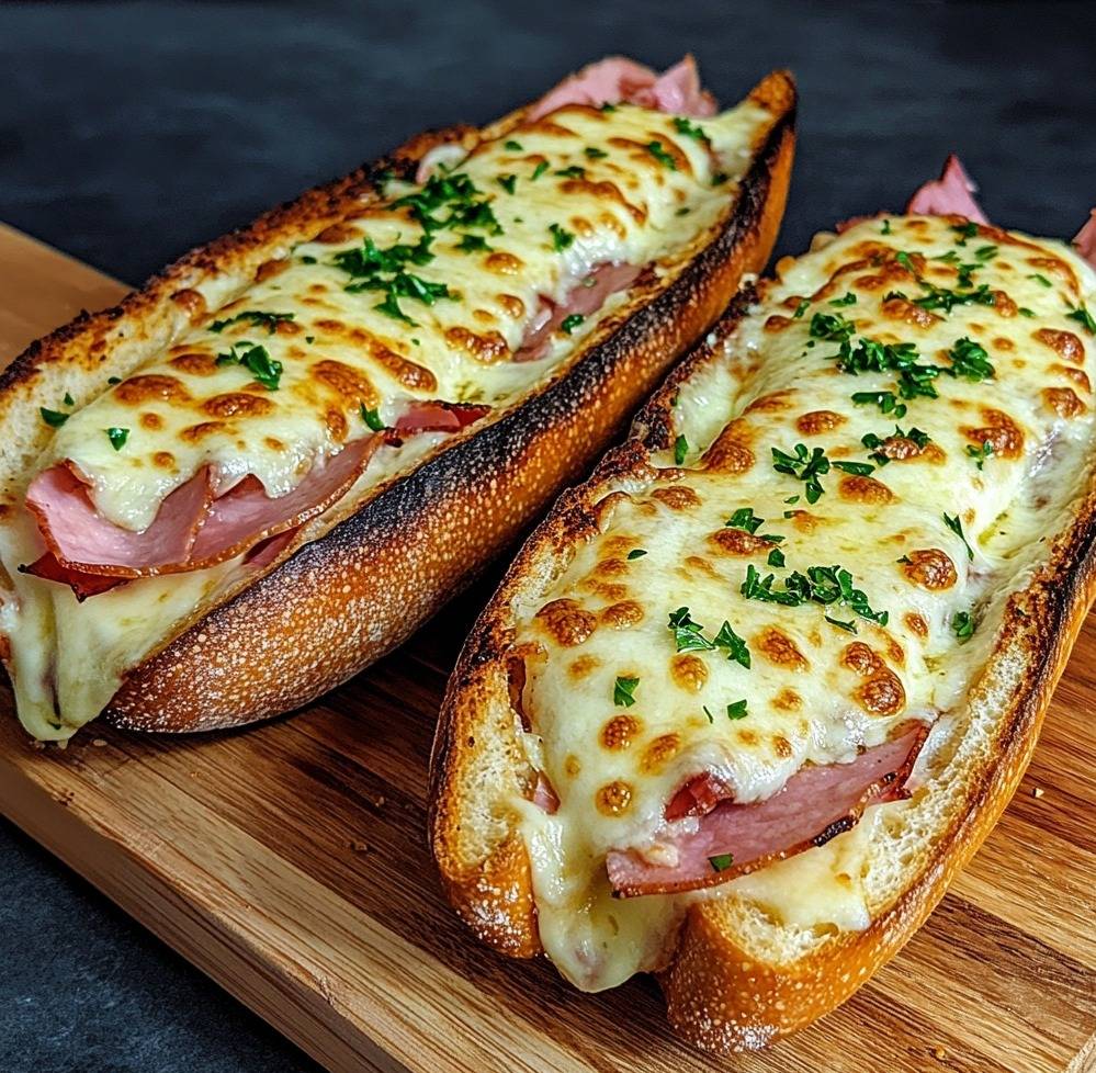 Baguettes gratinées garnies de jambon et fromage fondant