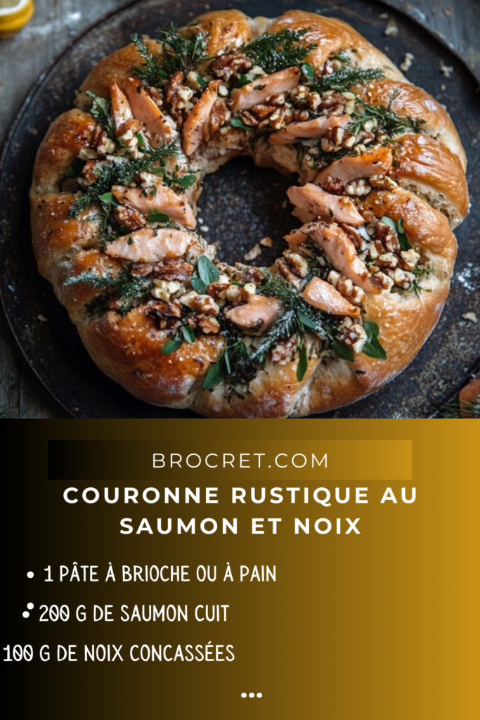 Couronne rustique au saumon et noix, dorée et garnie de persil frais et graines de courge