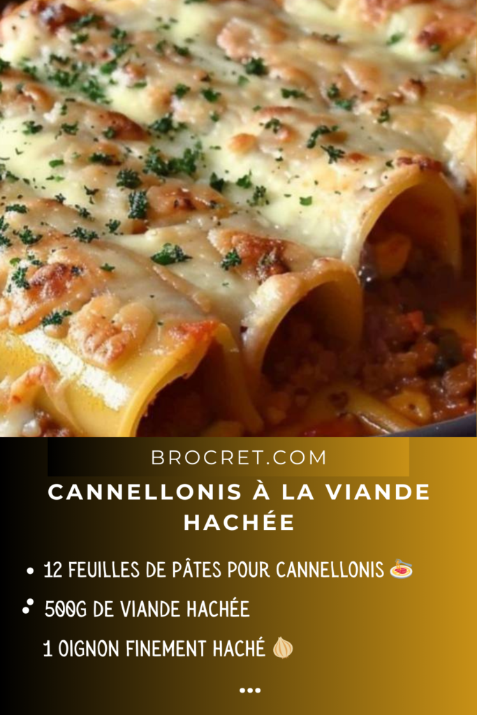 Plat de cannellonis à la viande hachée nappés de sauce tomate et gratinés au fromage