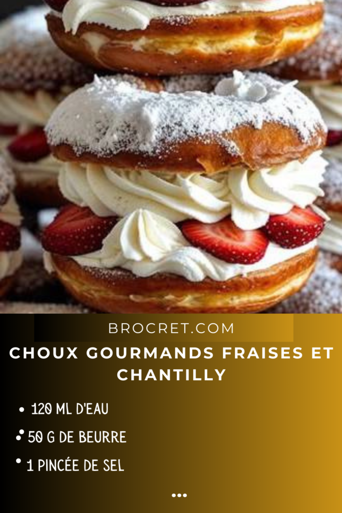 Choux gourmands garnis de chantilly et de fraises fraîches, saupoudrés de sucre glace