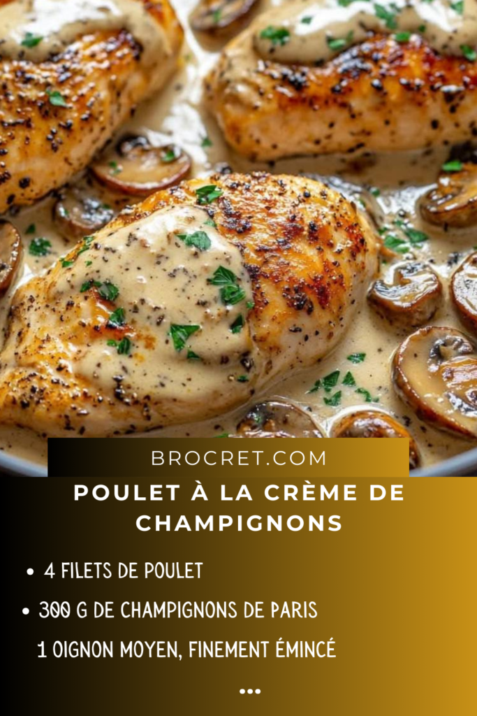 Poulet tendre nappé de crème aux champignons, garni de persil frais