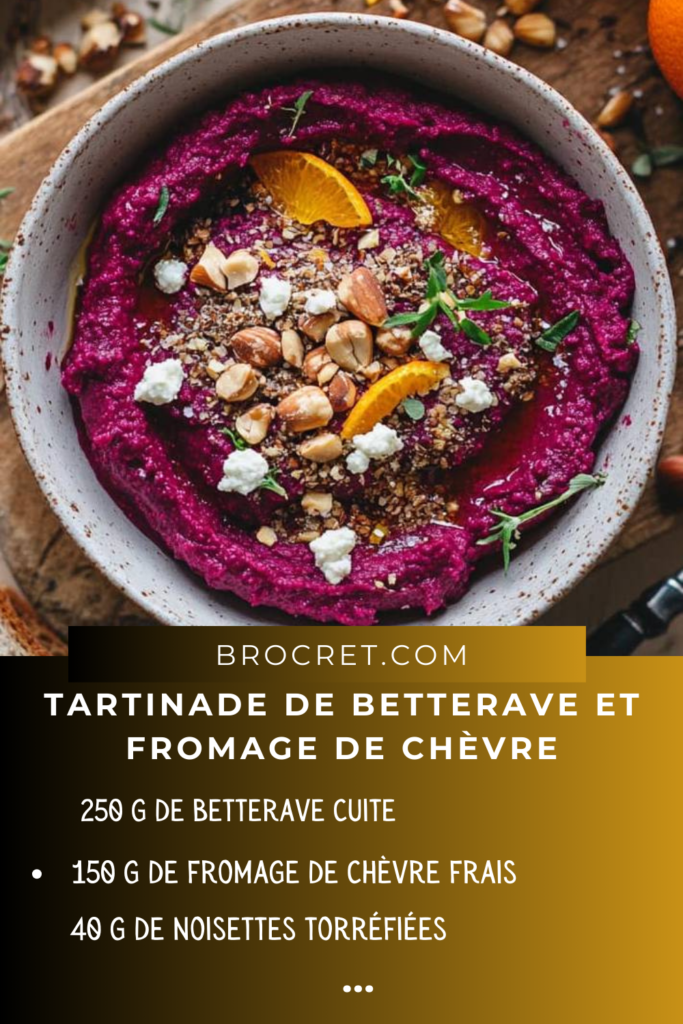 Tartinade de betterave et fromage de chèvre garnie de noisettes et zestes d’orange, servie avec du pain grillé