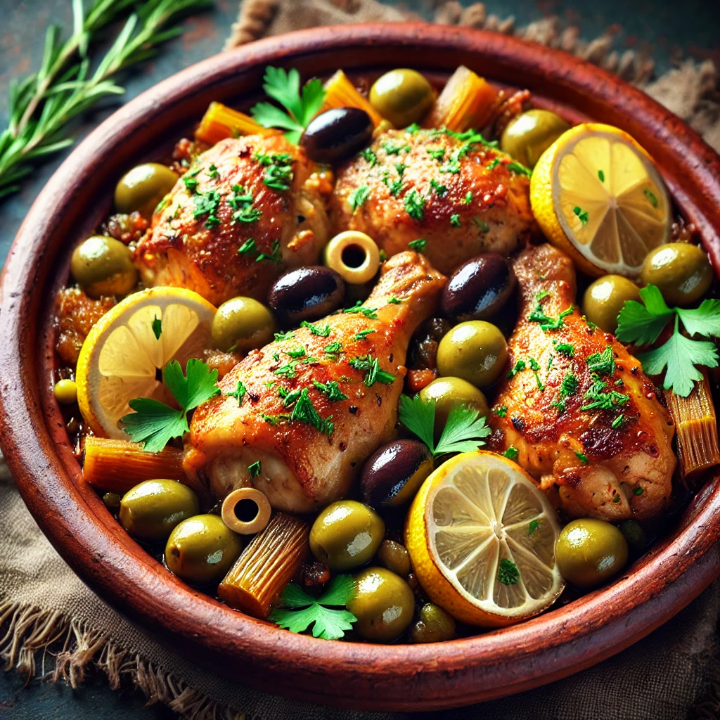 Tajine de poulet au citron confit et olives servi dans un plat marocain traditionnel.