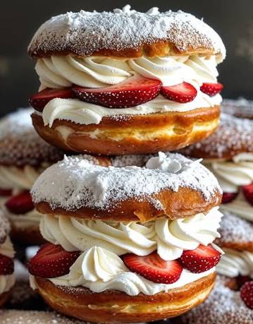 Choux gourmands garnis de chantilly et de fraises fraîches, saupoudrés de sucre glace