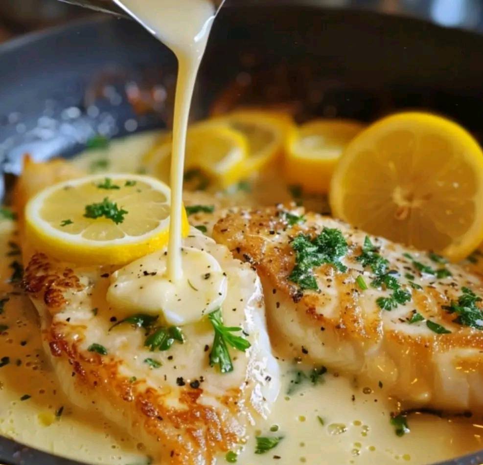 Sauce au citron versée sur un filet de poisson