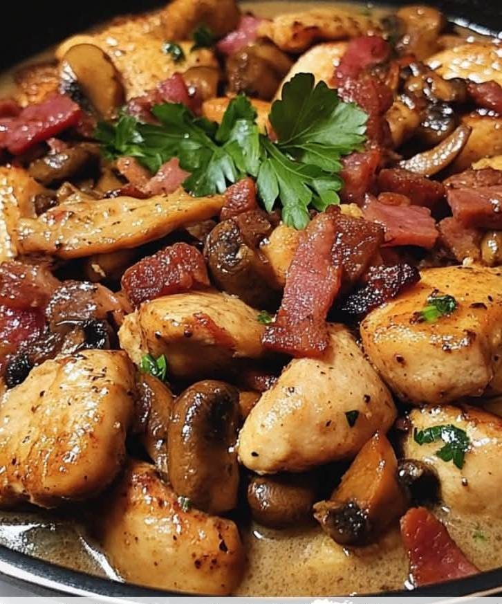 Émincé de Poulet à la Moutarde Lardons et Champignons