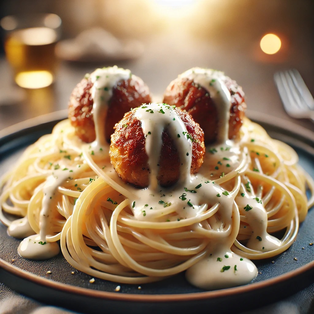 Spaghettis aux Boulettes de Poulet et Sauce Crémeuse à l'Ail