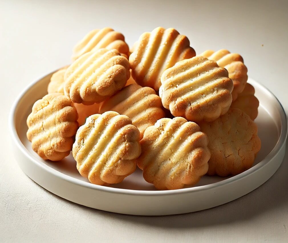 Biscuits sablés bretons dorés et fondants, présentés sur une assiette avec une tasse de thé.