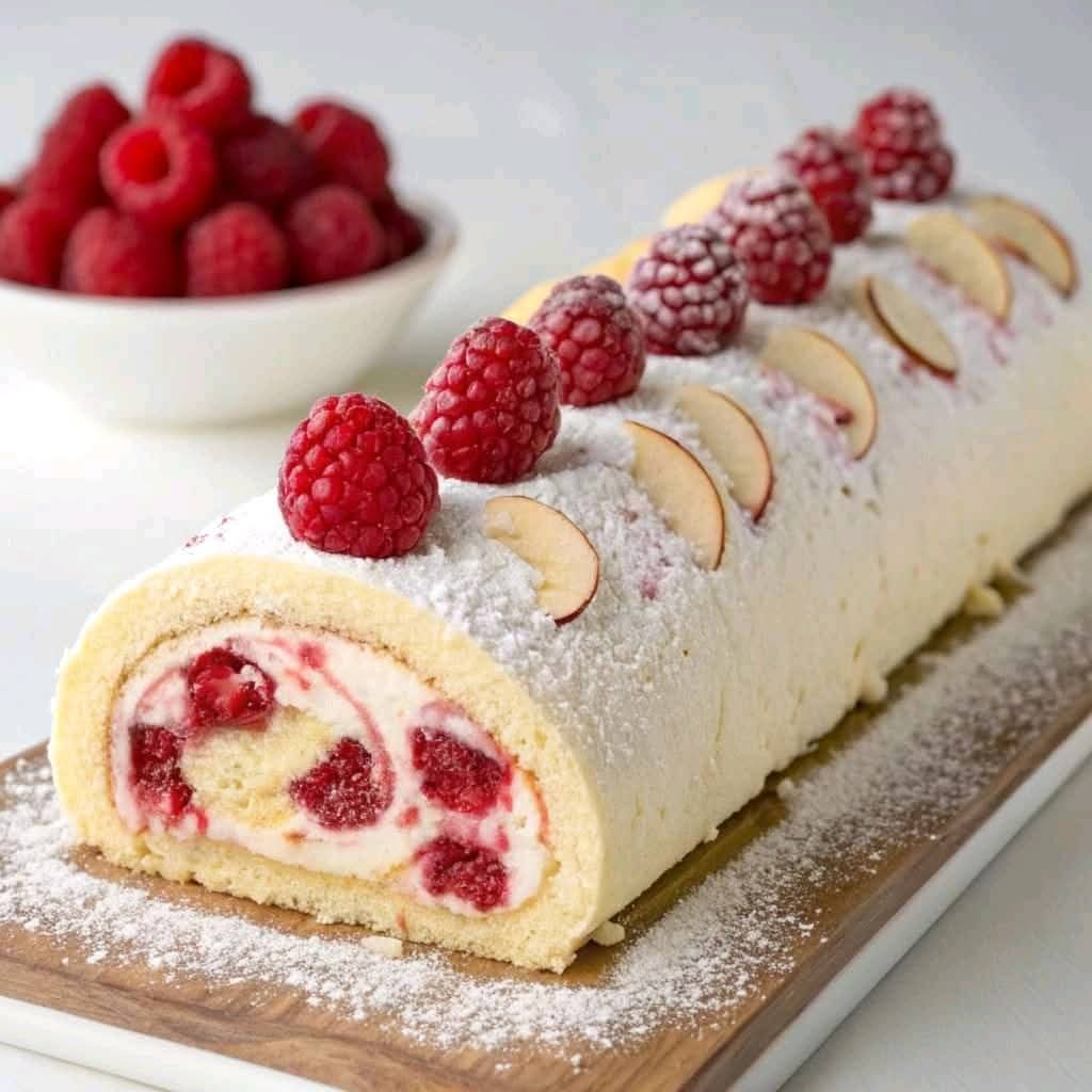 bûche au mascarpone et framboises décorée et prête à être dégustée