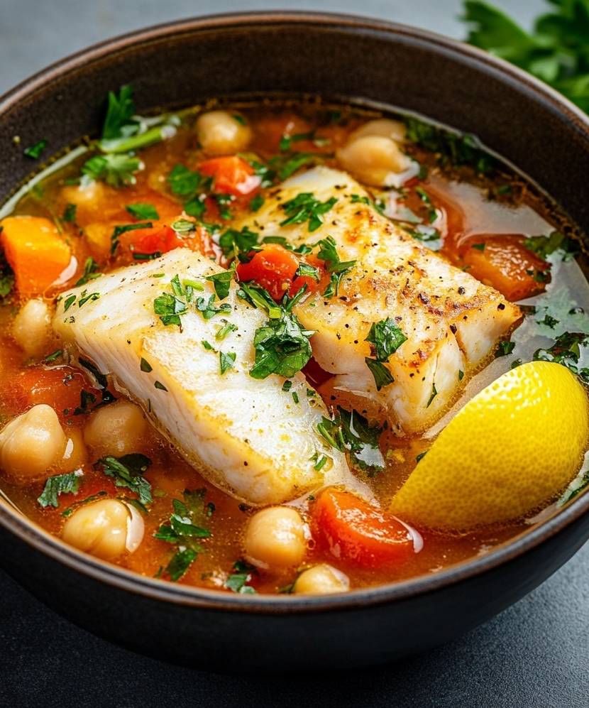 Soupe de poisson aux pois chiches et légumes