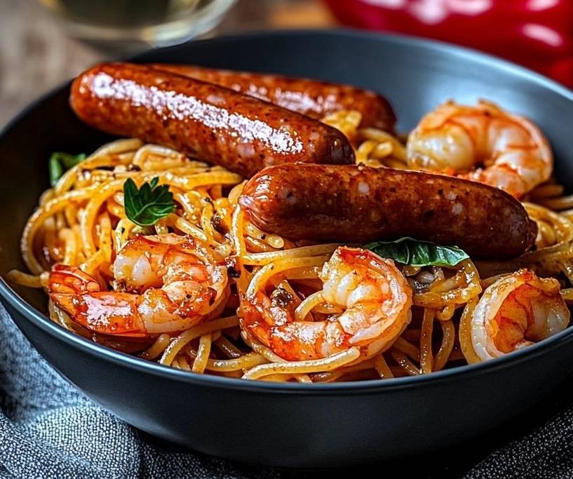 Spaghetti aux Crevettes et Saucisses Simple