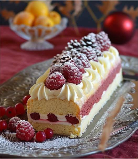 Bûche citron/framboises et mascarpone garnie de fruits frais et zestes de citron