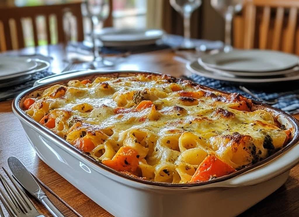 gratin de pâtes aux légumes et au curry