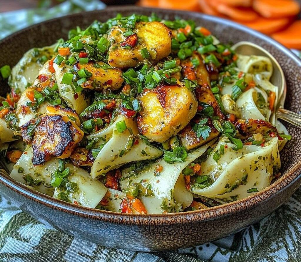 Pâtes crémeuses au poulet et légumes verts garnies de persil frais