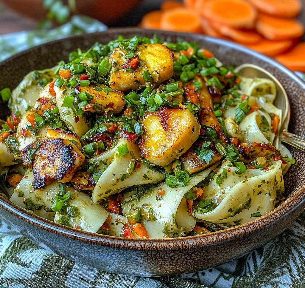 Pâtes crémeuses au poulet et légumes verts garnies de persil frais