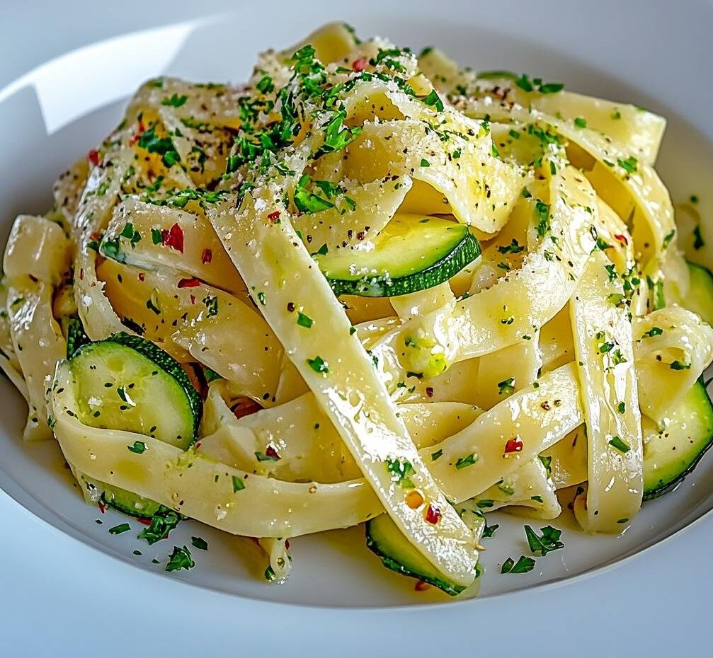 Pâtes crémeuses au citron et courgettes garnies de parmesan et persil