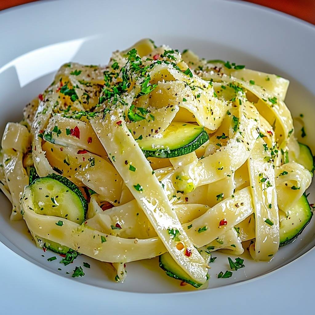 Pâtes crémeuses au citron et courgettes garnies de parmesan et persil