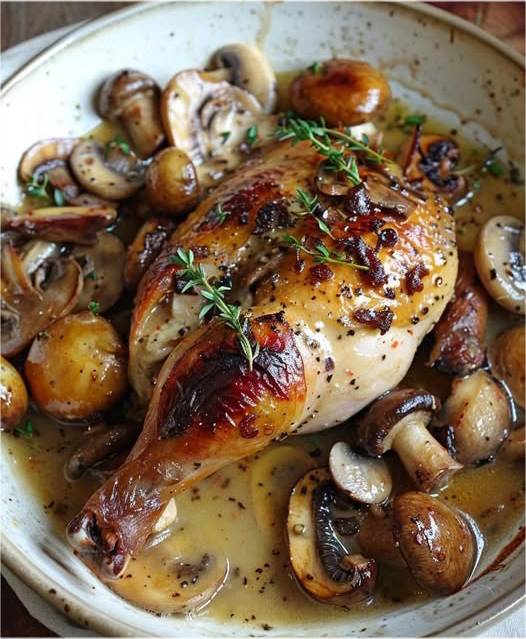 Poulet à la moutarde avec champignons dans une sauce crémeuse, garni de persil frais