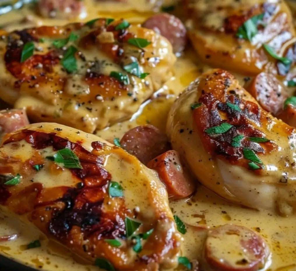 Aiguillettes de poulet avec une sauce crémeuse au chorizo, servies avec une garniture de persil frais.