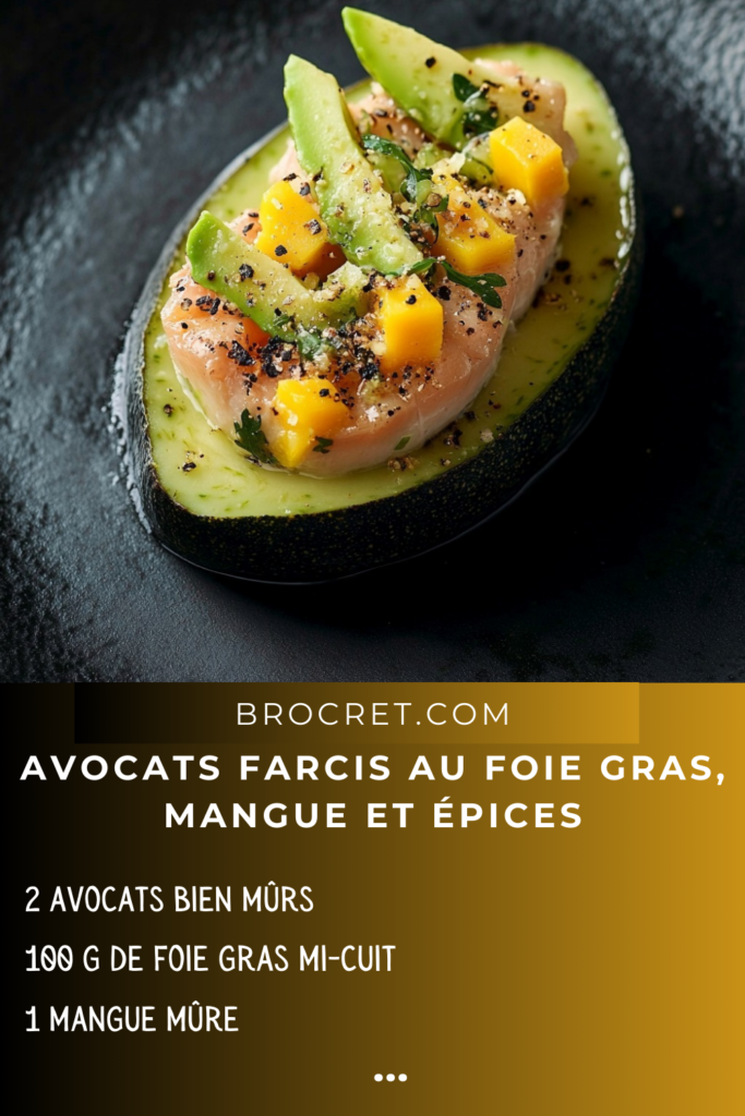 Moitiés d’avocats farcis au foie gras, mangue, coriandre et un filet d’huile de noix