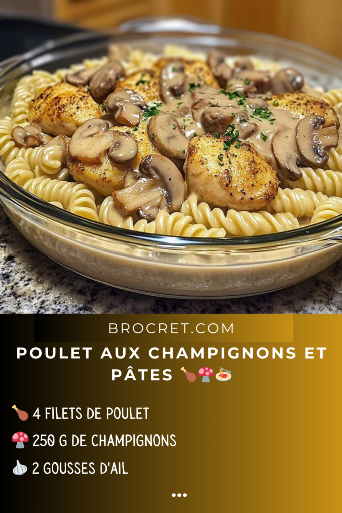 Délicieux plat de poulet aux champignons et pâtes, prêt à servir.