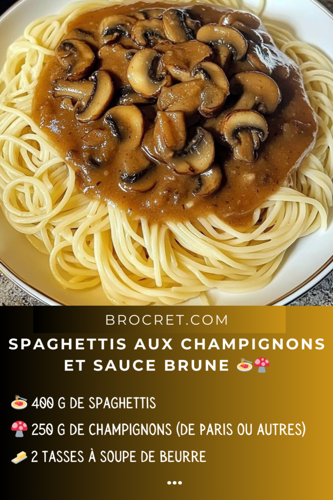 Assiette de spaghettis nappés d'une sauce brune aux champignons.