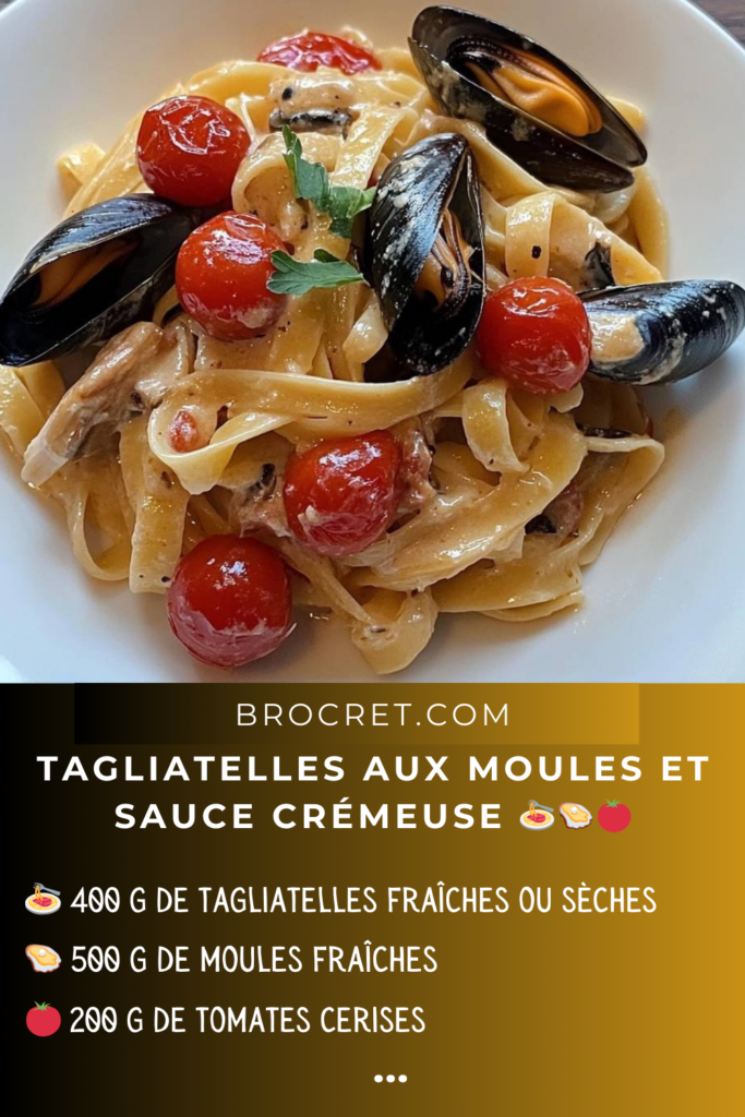 Plat de tagliatelles aux moules et sauce crémeuse garni de persil frais.