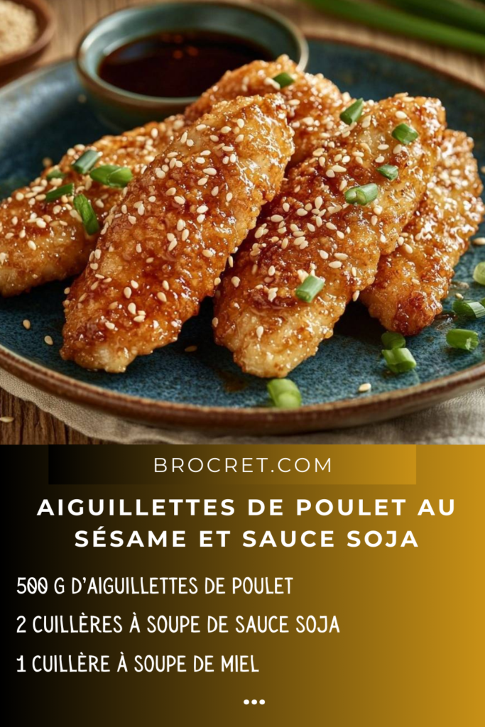 Aiguillettes de poulet croustillantes enrobées de sauce soja au sésame, garnies d'oignons verts et servies sur une assiette élégante.