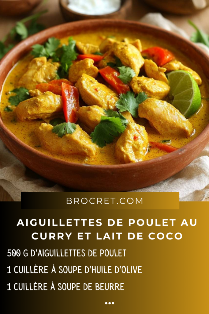 Aiguillettes de poulet au curry et lait de coco garnies de coriandre fraîche, servies avec des quartiers de citron vert.