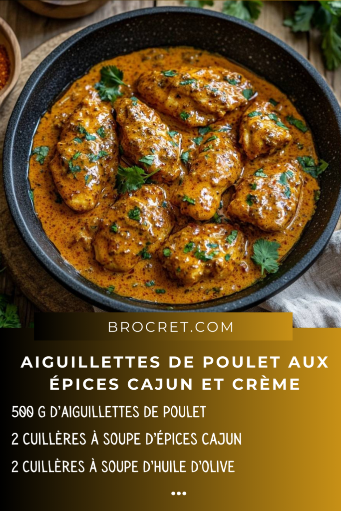 Aiguillettes de poulet nappées de sauce crémeuse aux épices cajun, garnies de persil frais, servies dans un bol élégant.