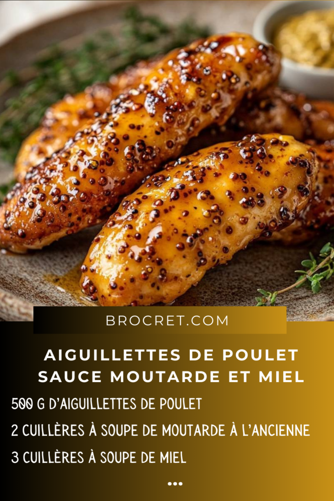 Aiguillettes de poulet nappées de sauce moutarde et miel, servies avec une garniture de thym frais et un léger glaçage brillant.