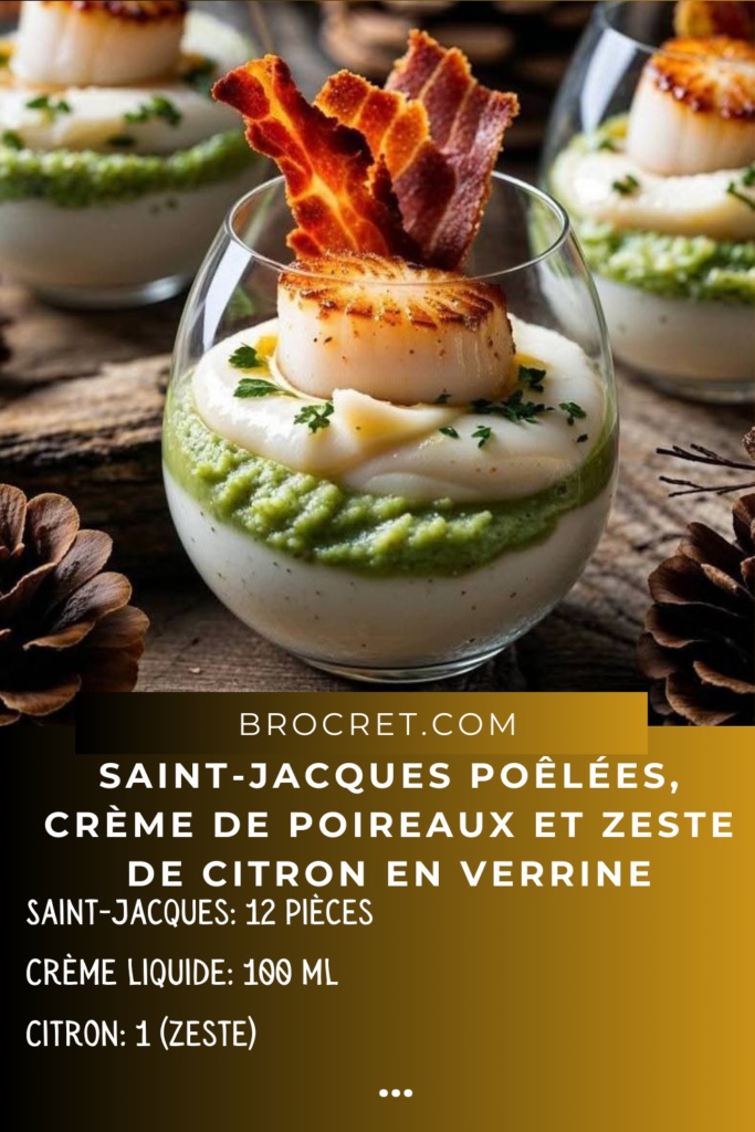 Verrine élégante de Saint-Jacques poêlées avec purée de céleri et chips de pancetta