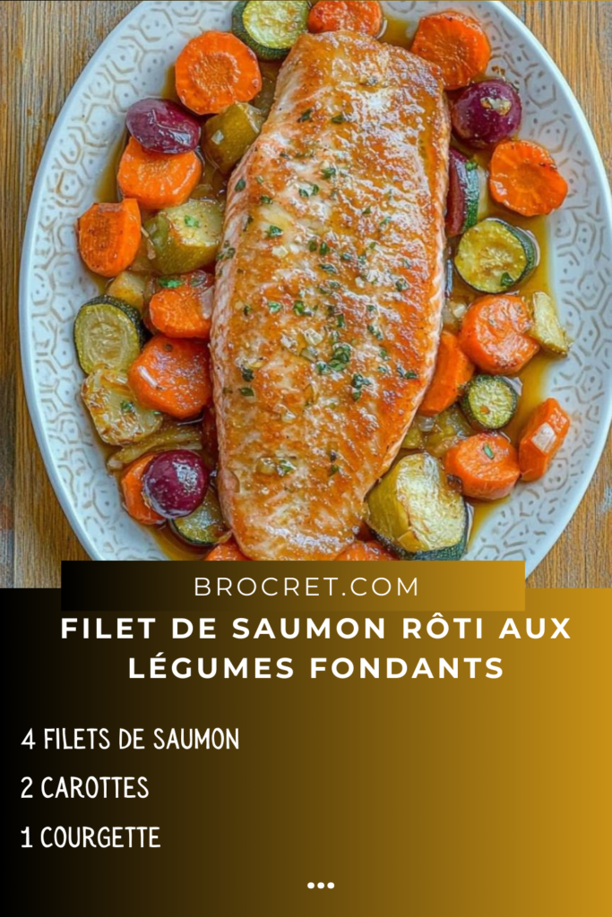 Filet de saumon rôti avec des légumes fondants colorés, nappés de sauce au miel et soja