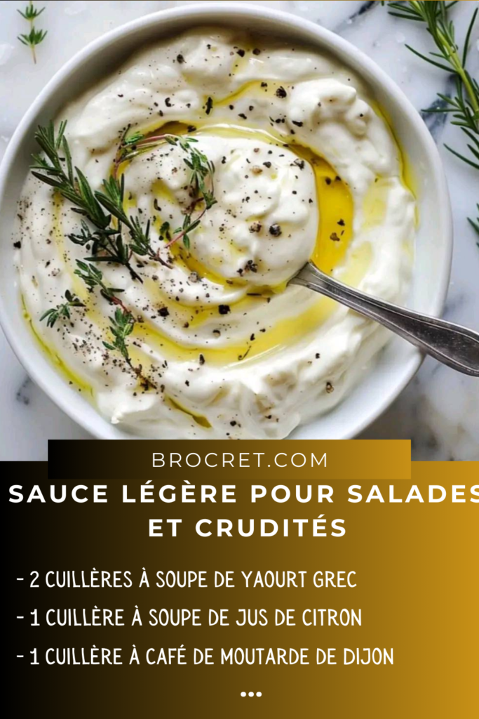 Bol de sauce légère pour salades, garnie d’herbes fraîches et accompagnée de crudités colorées