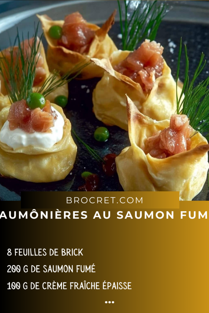 Aumônières au saumon fumé dorées et croustillantes, servies avec une sauce au yaourt et une salade fraîche.