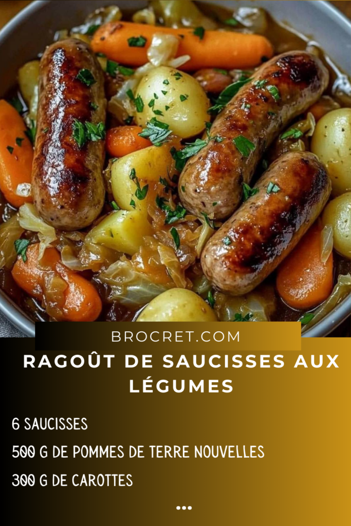 Ragoût de saucisses aux légumes servi dans une cocotte, avec des pommes de terre fondantes et des carottes colorées.