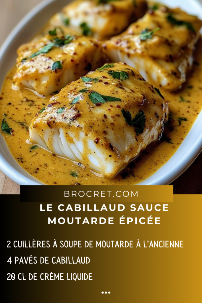 Pavé de cabillaud nappé de sauce moutarde épicée, accompagné de riz basmati et légumes vapeur