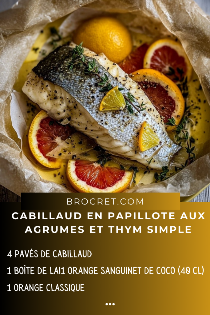 Cabillaud tendre en papillote avec rondelles d’agrumes et brin de thym, accompagné de légumes vapeur