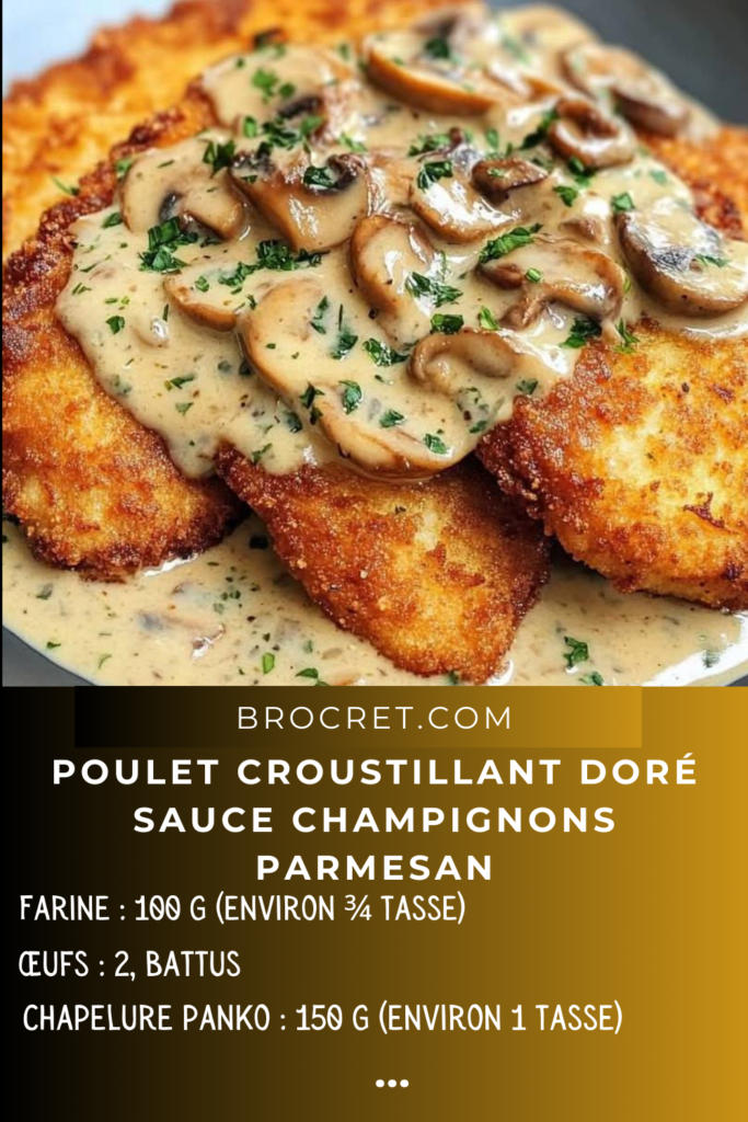  assiette de poulet croustillant doré avec sauce aux champignons et parmesan