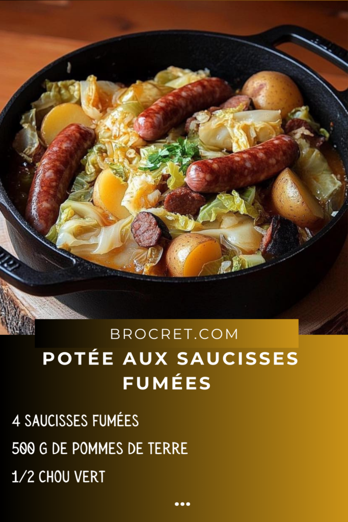 Potée aux saucisses fumées servie dans une assiette avec des légumes fondants et du pain rustique.