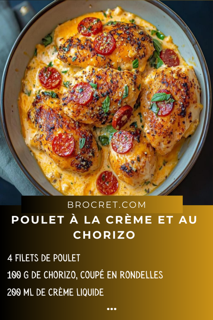 Poulet à la crème et au chorizo servi dans une assiette avec une sauce onctueuse et du basilic frais en garniture.