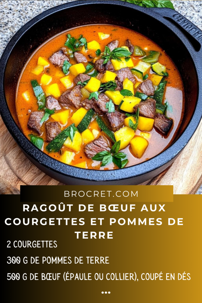 Ragoût de bœuf aux courgettes et pommes de terre servi dans une assiette avec une sauce onctueuse et des herbes fraîches.