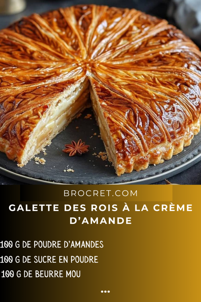 Galette des Rois dorée et feuilletée avec une part découpée révélant une crème d’amande onctueuse